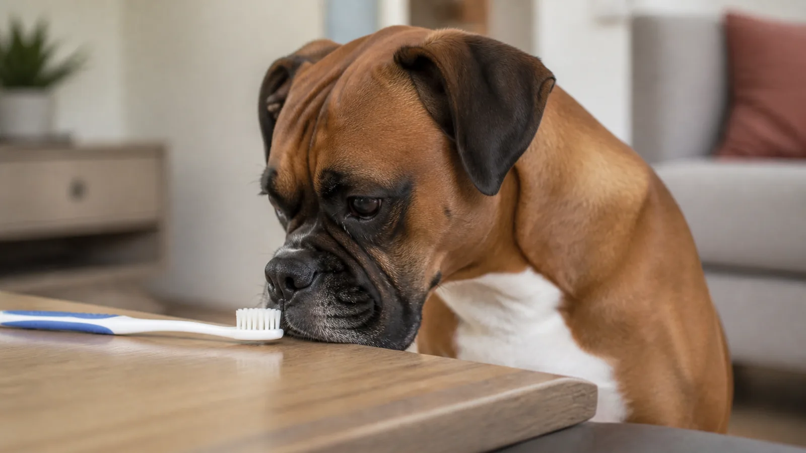 Boxer dog sitting indoors, calmly sniffing a toothbrush on the tabletop, looking a little skeptical.